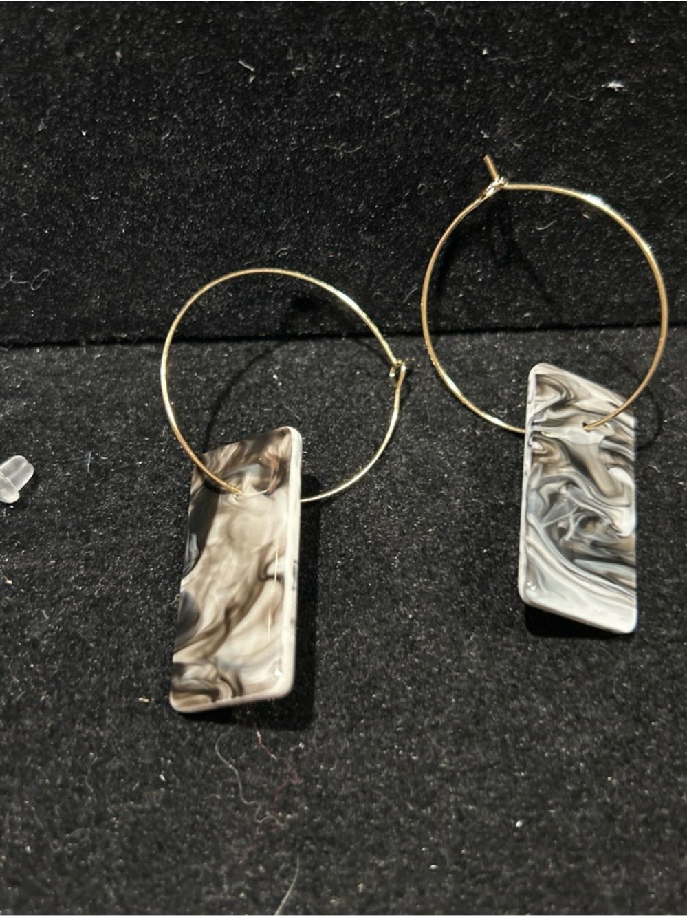 Gold color Hoop Earrings with Black and White Marble Rectangle Pendants